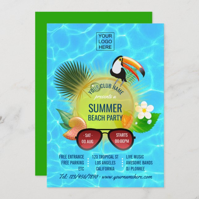 Club Summer Beach Party custom invitation (Front/Back)