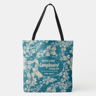 Club Surfing Longboard Logo and Hibiscus Beach Bag