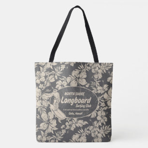 Club Surfing Longboard Logo and Hibiscus Beach Bag