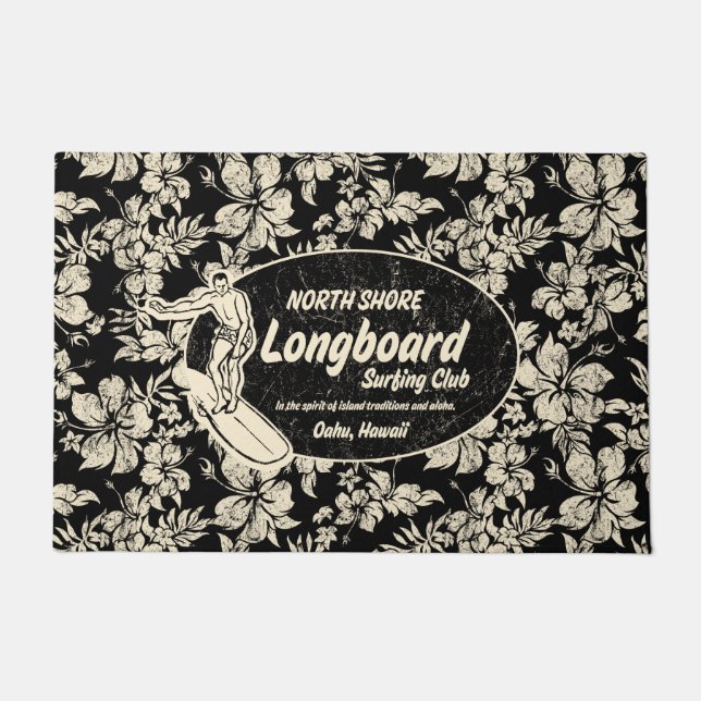 Club Surfing Longboard Logo and Hibiscus Black Doormat (Front)