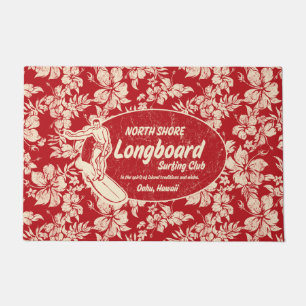 Club Surfing Longboard Logo and Hibiscus Red Doormat