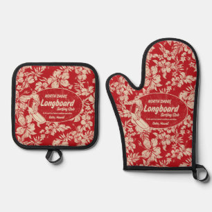 Club Surfing Longboard Logo Hibiscus Hawaiian Red Oven Mitt & Pot Holder Set
