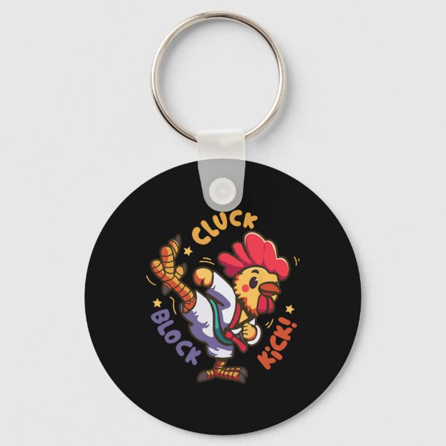 Cluck Block Kick Funny Chicken Karate Rooster Taek Key Ring (Front)