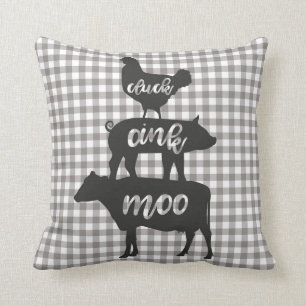 Cluck Oink Moo Chicken Cow Pig Farmhouse Plaid Cushion