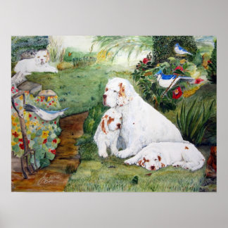 Clumber Puppies in the Garden, Watercolor Reproduc Poster