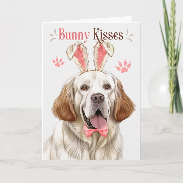 Clumber Spaniel Dog in Bunny Ears for Easter Holiday Card (Front)