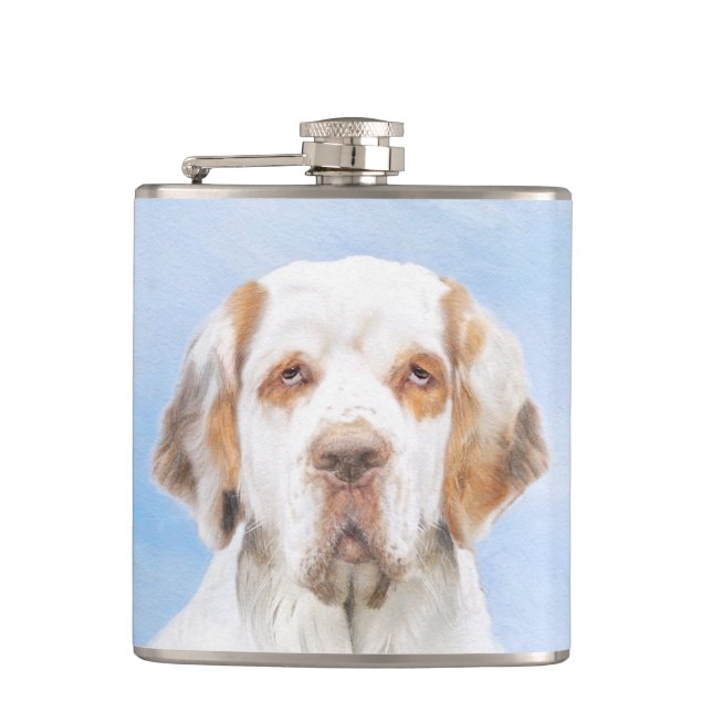 Clumber Spaniel Painting - Cute Original Dog Art Hip Flask (Front)