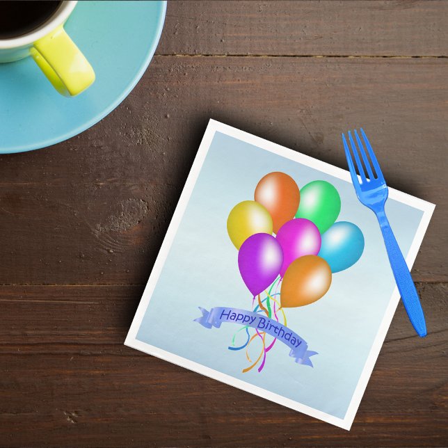 Cluster Bright Colourful Balloons Happy Birthday Napkin (Bunch bright festive colourful balloons streamer Happy Birthday Banner on blue paper party napkins.)
