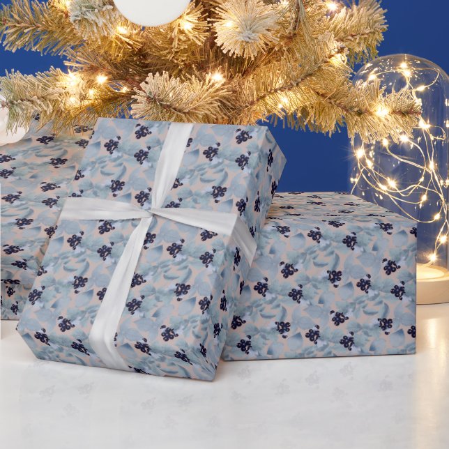 Clusters Of Black Currant, Blue Leaves On Beige Wrapping Paper (Holidays)
