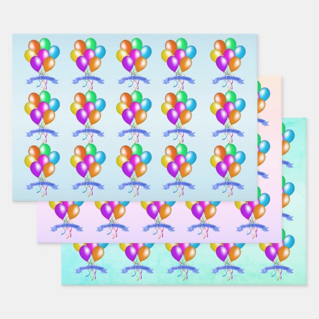 Clusters of Bright Festive Balloons Happy Birthday Wrapping Paper Sheet (Set)