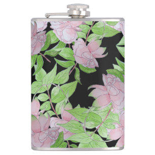 clusters of pretty pink flowers and leafs floral hip flask