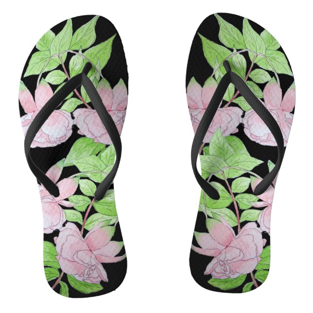 clusters of pretty pink flowers and leafs floral thongs (Footbed)