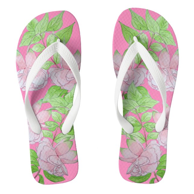 clusters of pretty pink flowers and leafs floral thongs (Footbed)