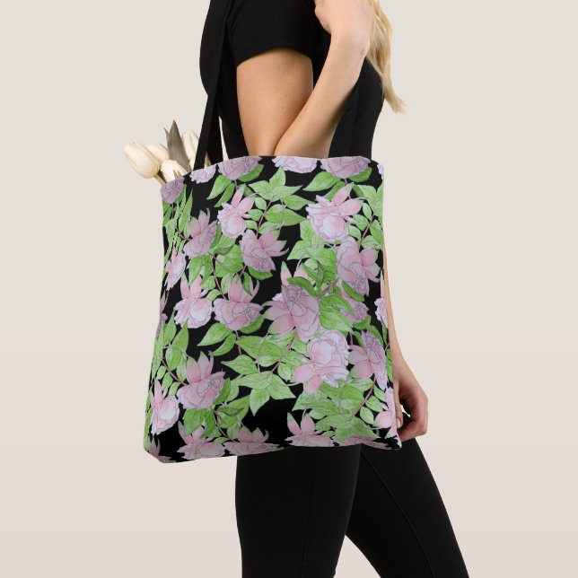 clusters of pretty pink flowers and leafs floral tote bag (Close Up)