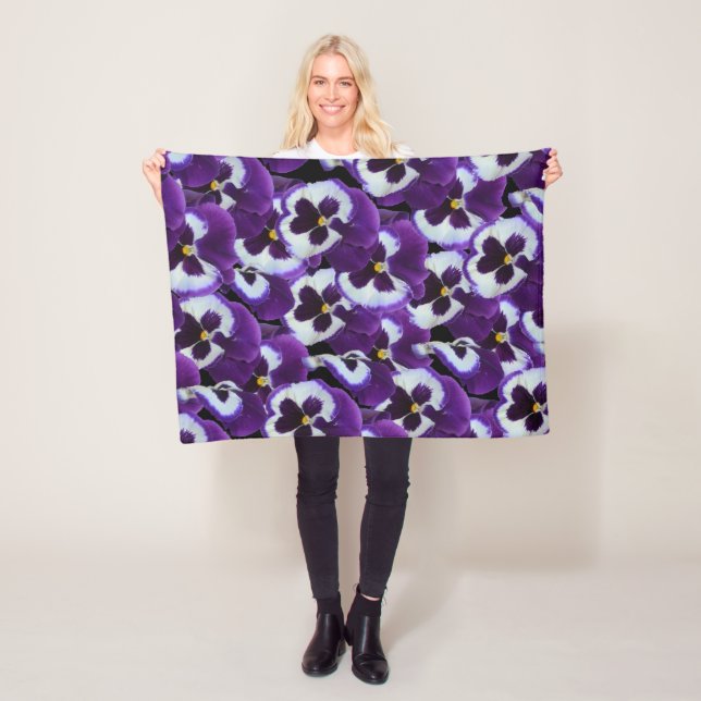 Clusters of Purple White Pansies: Harmonious Grace Fleece Blanket (In Situ)