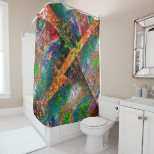 Clutter of coloured layers with rustic burnt shower curtain