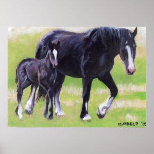 Clydesdale Mare and Foal Horse Portrait Poster