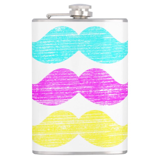 CMY Moustaches (letterpress style) Hip Flask (Front)