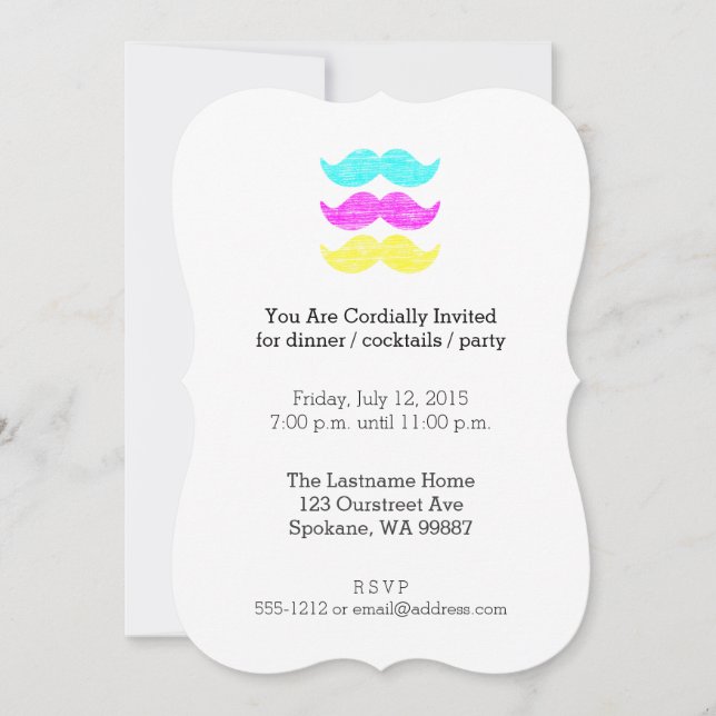 CMY Moustaches (letterpress style) Invitation (Front)