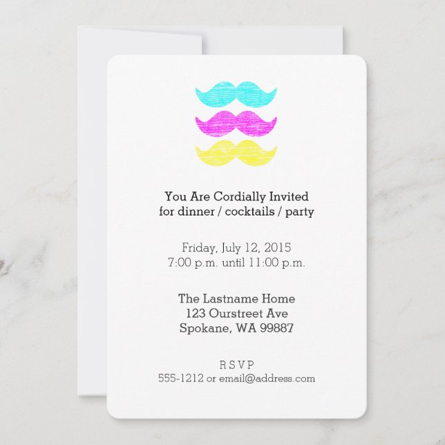 CMY Moustaches (letterpress style) Invitation (Front)