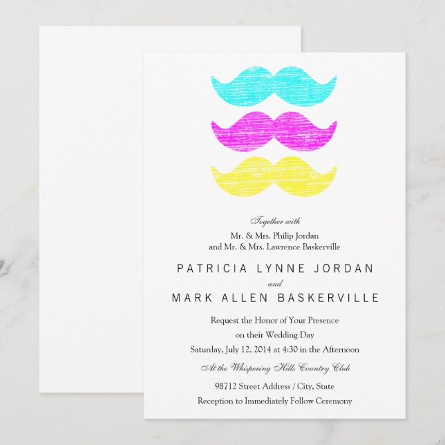 CMY Moustaches (letterpress style) Invitation (Front/Back)