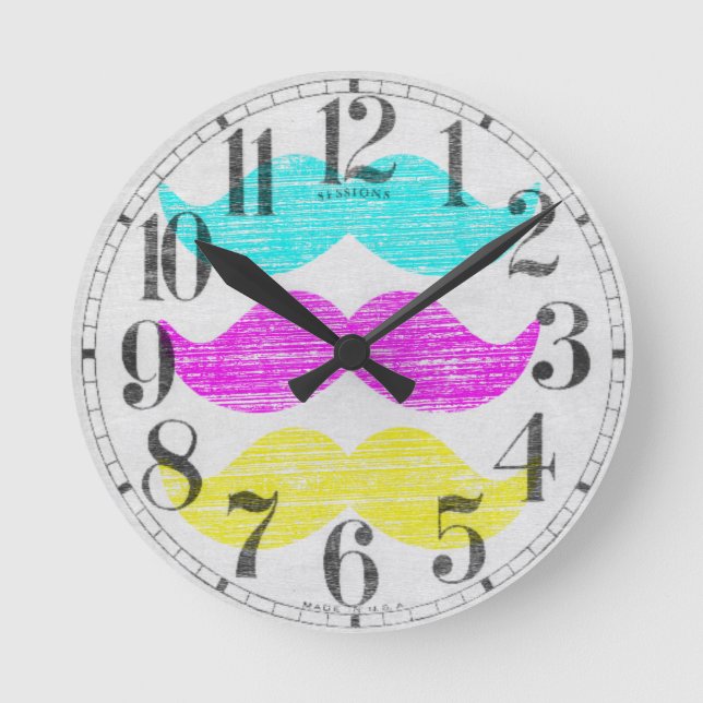 CMY Moustaches (letterpress style) Round Clock (Front)