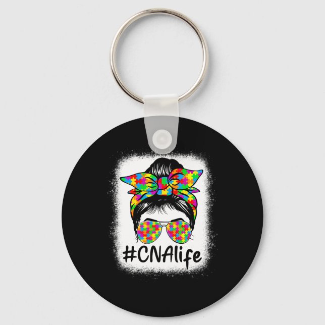 Cna Certified Nursing Istant Messy Bun Autism Awar Key Ring (Front)