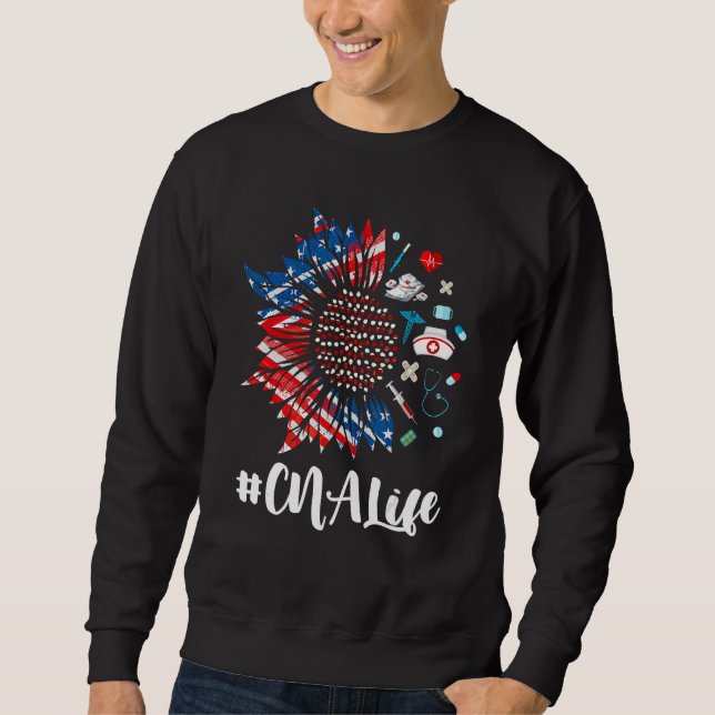CNA Life Stethoscope Sunflower USA Flag 4th Of Jul Sweatshirt (Front)