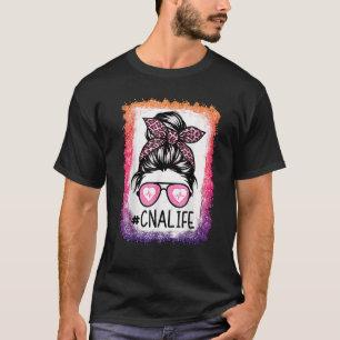 Cna Nurse Life Bleached Pink Leopard Messy Bun Wom T-Shirt