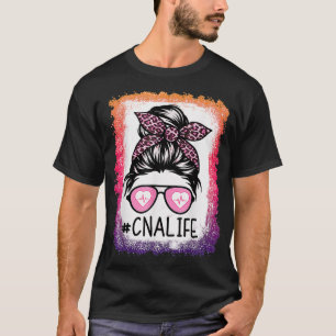CNA Nurse Life Bleached s Pink Leopard Messy Bun W T-Shirt