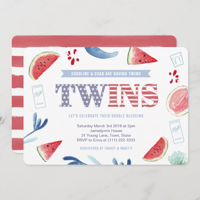 Co-ed Baby Shower for Twins, 4th July Baby Shower Invitation (Front/Back)