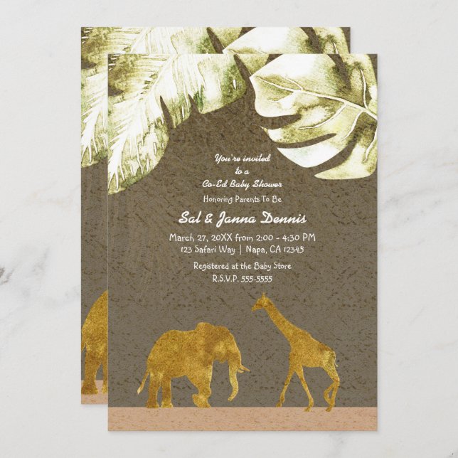 Co-ed Baby Shower Gold Safari Jungle Animals Invitation (Front/Back)
