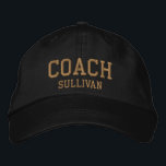 Coach Custom Name Embroidered Hat - Black & Gold<br><div class="desc">Custom Coach Hat from Called :: Fully customisable unisex baseball hat / baseball cap embroidered with name Coach and personalised with the Coach's last name.  Shown is gold embroidery on a black hat.  Other hat colours and styles available. #CoachHat #Sports</div>