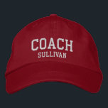 Coach Custom Name Embroidered Hat - Red<br><div class="desc">Custom Coach Hat from Called :: Fully customisable unisex baseball hat / baseball cap embroidered with name Coach and personalised with the Coach's last name.  Shown is white embroidery on a red hat.  Other hat colours and styles available. #CoachHat #Sports</div>
