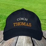 COACH "name" embroidered baseball cap / gold<br><div class="desc">Embroidered Hats: Classic golden / black fashion baseball cap with text "COACH" & your "name" for the worlds best coach,  sports,  fitness,  team building / family games</div>