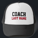 Coach Personalised Last Name Trucker Hat<br><div class="desc">Add your name in red letters with a back drop shadow to personalise this cap. the word COACH in black letters is also a template if you wish to change the team member title.</div>