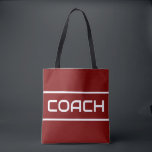 COACH Sporty Fun White Text Stripes On Vintage Red Tote Bag<br><div class="desc">This sporty design features white modern COACH text and sleek edge stripes against a deep red background.  The text and colors in this design can be personalized.</div>