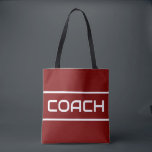 COACH Sporty Fun White Text Stripes On Vintage Red Tote Bag<br><div class="desc">This sporty design features white modern COACH text and sleek edge stripes against a deep red background.  The text and colors in this design can be personalized.</div>