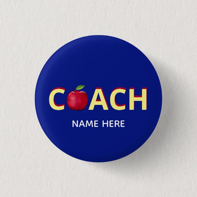 Coach text with red apple on blue 3 cm round badge (Front)