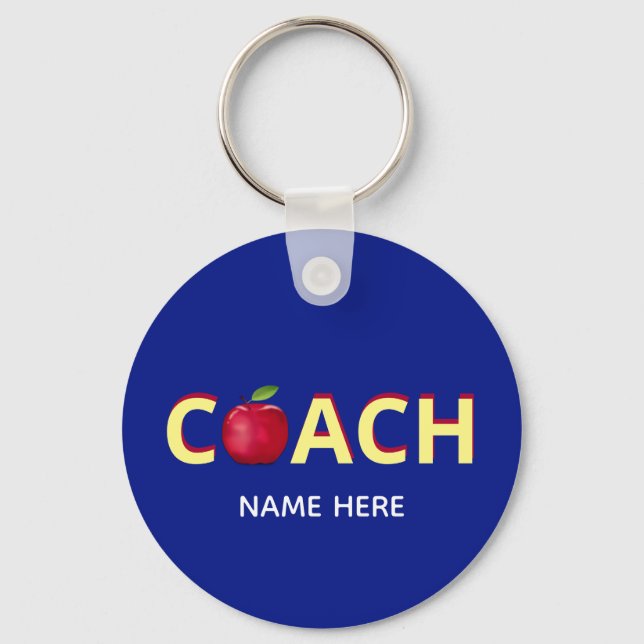 Coach text with red apple on blue key ring (Front)
