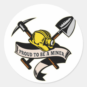 coal miner hat shovel spade pickax scroll classic round sticker