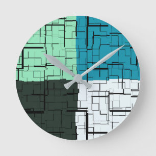 Coal White Teal Green Aqua Blue Modern Pattern Round Clock