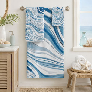 coast beach nautical waves watercolor blue swirls bath towel set