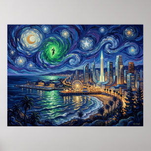 Coast City Starry Night Comic Art Landscape Poster