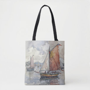Coast Sailboat Watercolor Scene  tote bags 