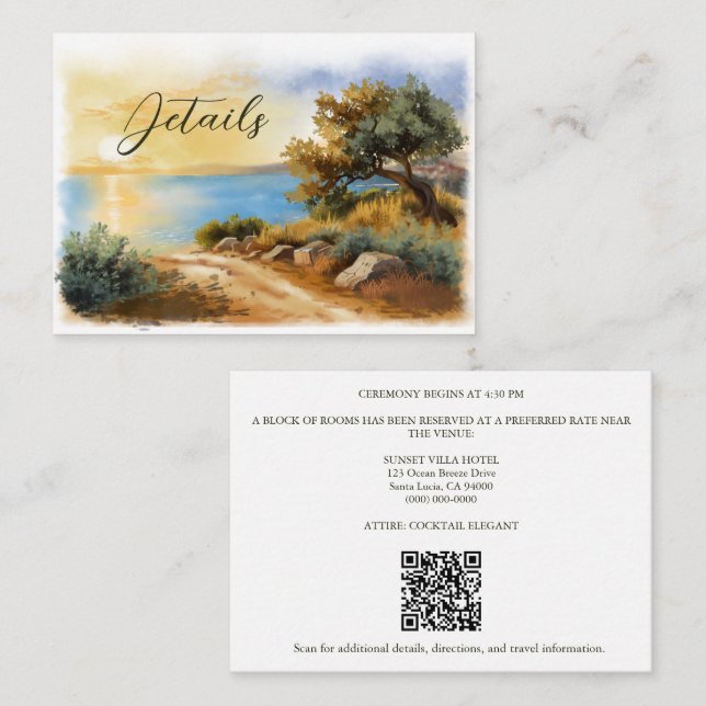 Coast Watercolor Sunset Mediterranean Details Enclosure Card (Front/Back)