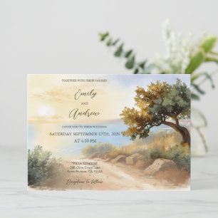 Coast Watercolor Sunset Mediterranean Full Wedding Invitation