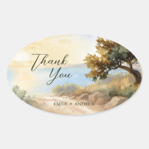 Coast Watercolor Sunset Mediterranean Thank You Oval Sticker