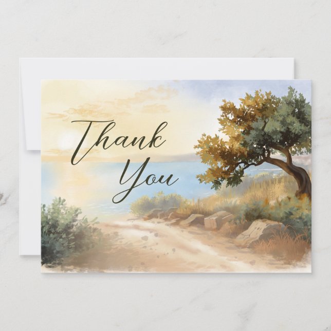 Coast Watercolor Sunset Mediterranean Wedding Thank You Card (Front)