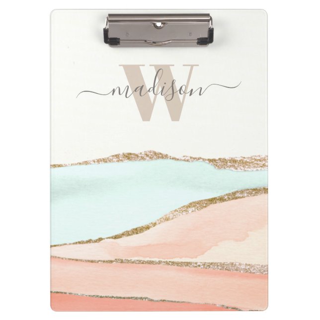Coastal Abstract Watercolor with Name and Monogram Clipboard (Front)